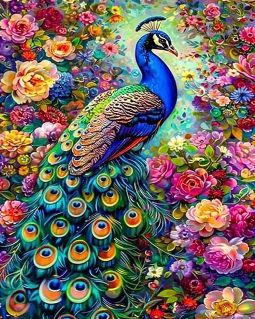 Peacock in the Roses, framed paint-by-numbers canvas