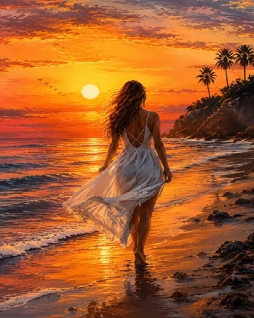 White Dress, Red Sun, framed paint-by-numbers canvas