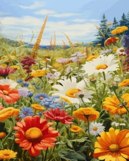 Daisies and Poppies, framed paint-by-numbers canvas