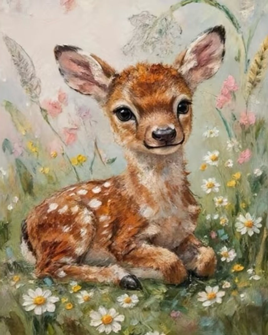 The Fawn in Daisies, framed paint-by-numbers canvas
