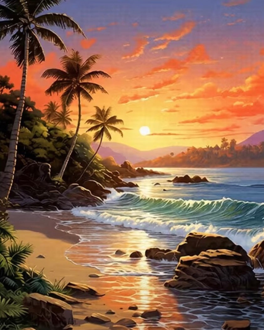 Palms at Sundown, framed paint-by-numbers canvas