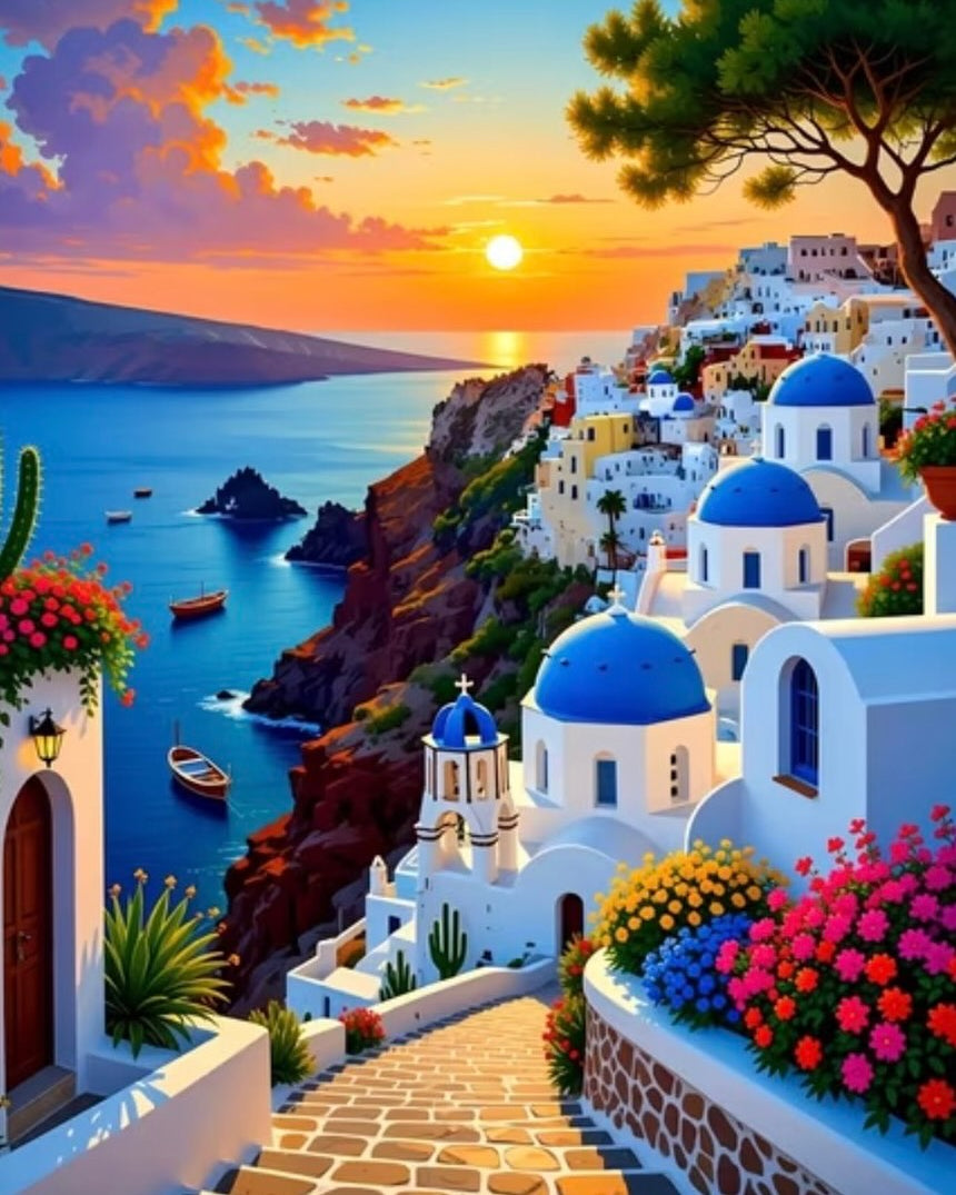 Sunset on the Caldera, framed paint-by-numbers canvas