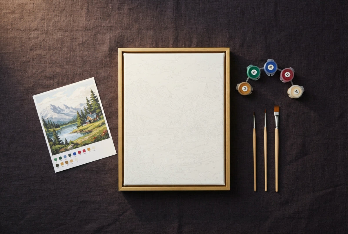 Inside the kit: framed numbered canvas, acrylic paint pots, brushes and reference sheet