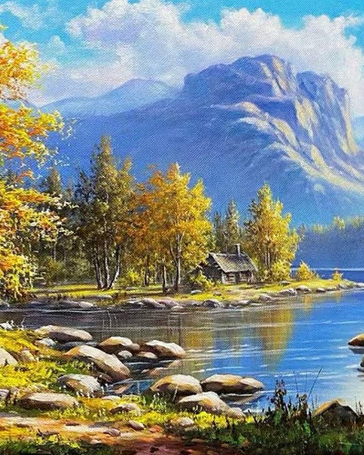 Cabin on the Bend, framed paint-by-numbers canvas