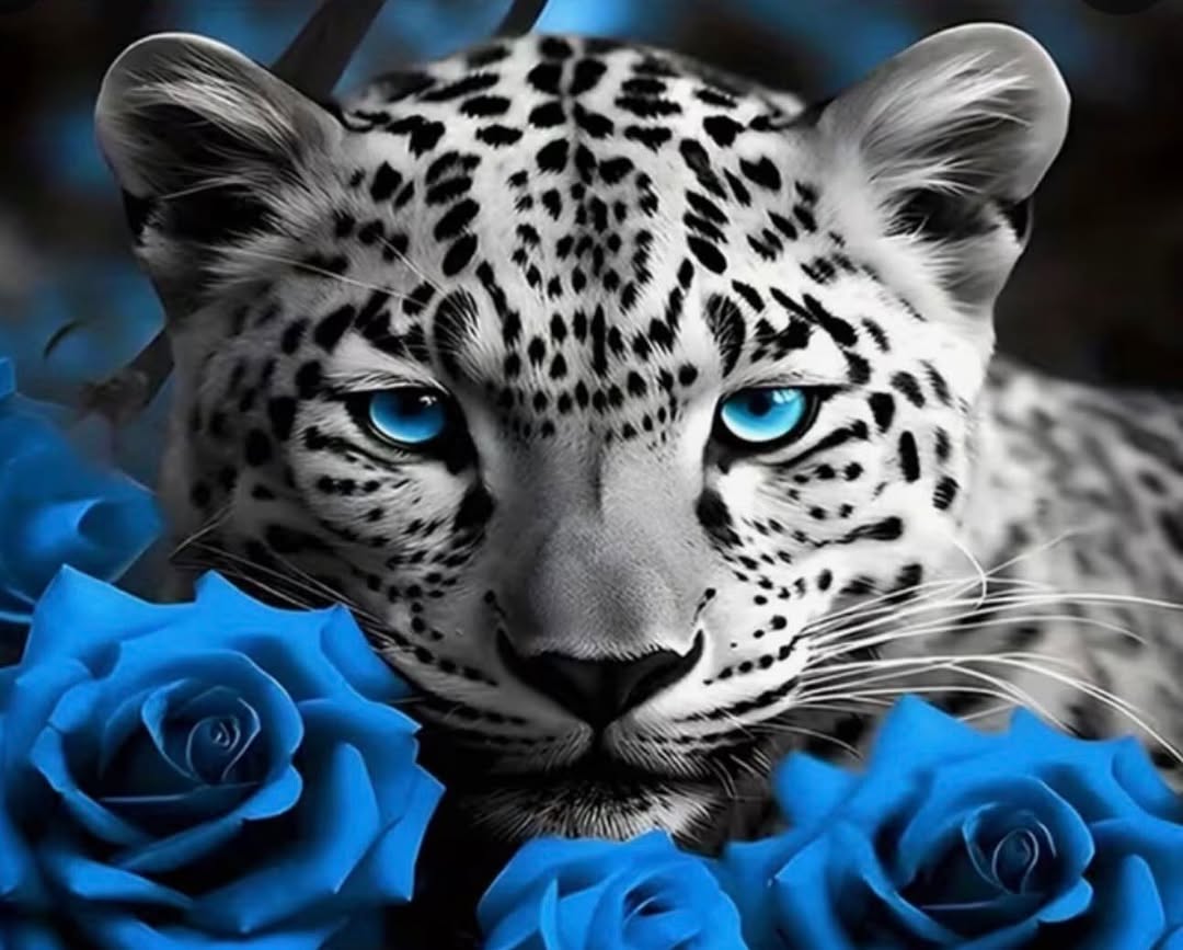 Leopard with Blue Roses — Paint by Numbers Kit