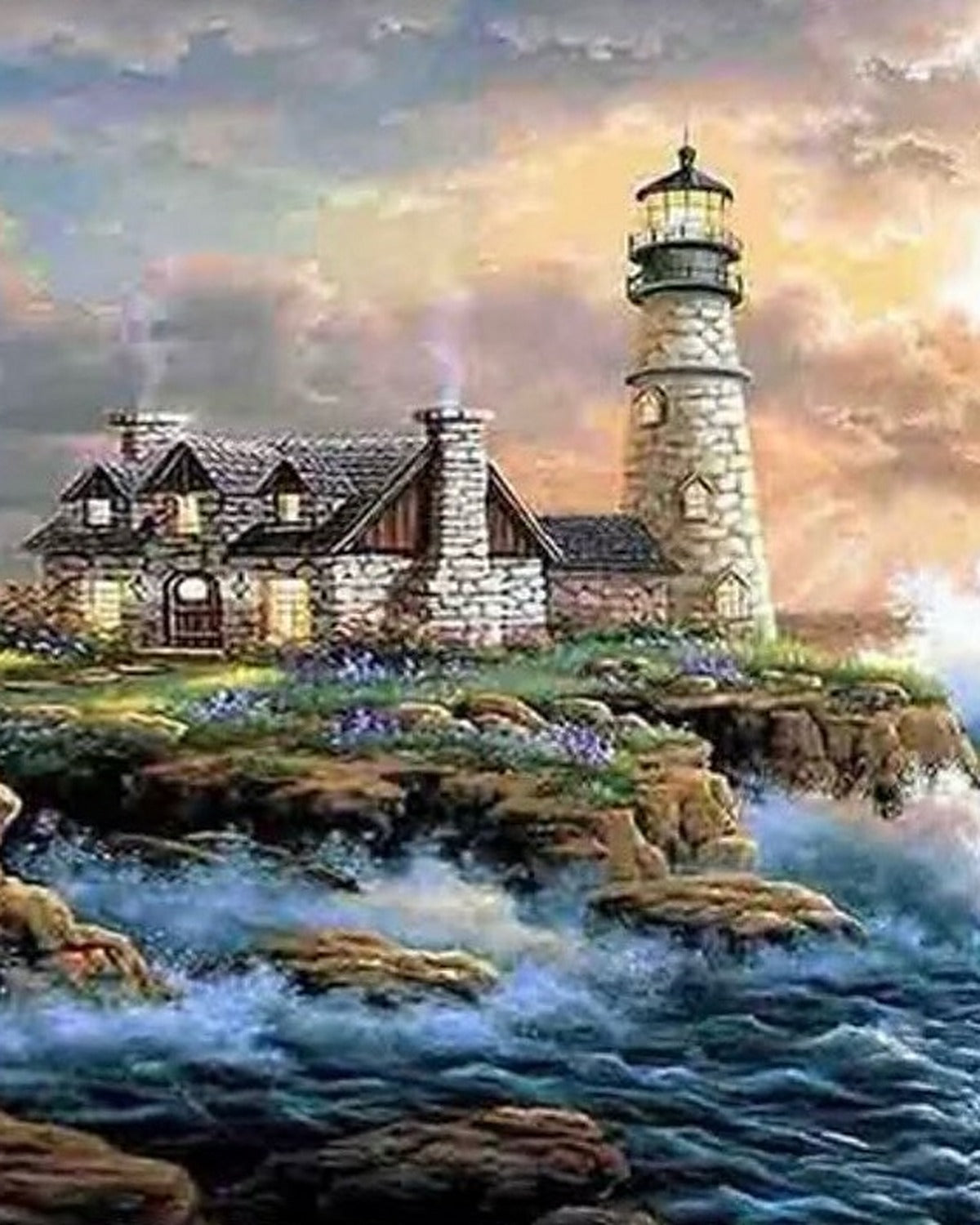 Lighthouse on the Rocks, framed paint-by-numbers canvas