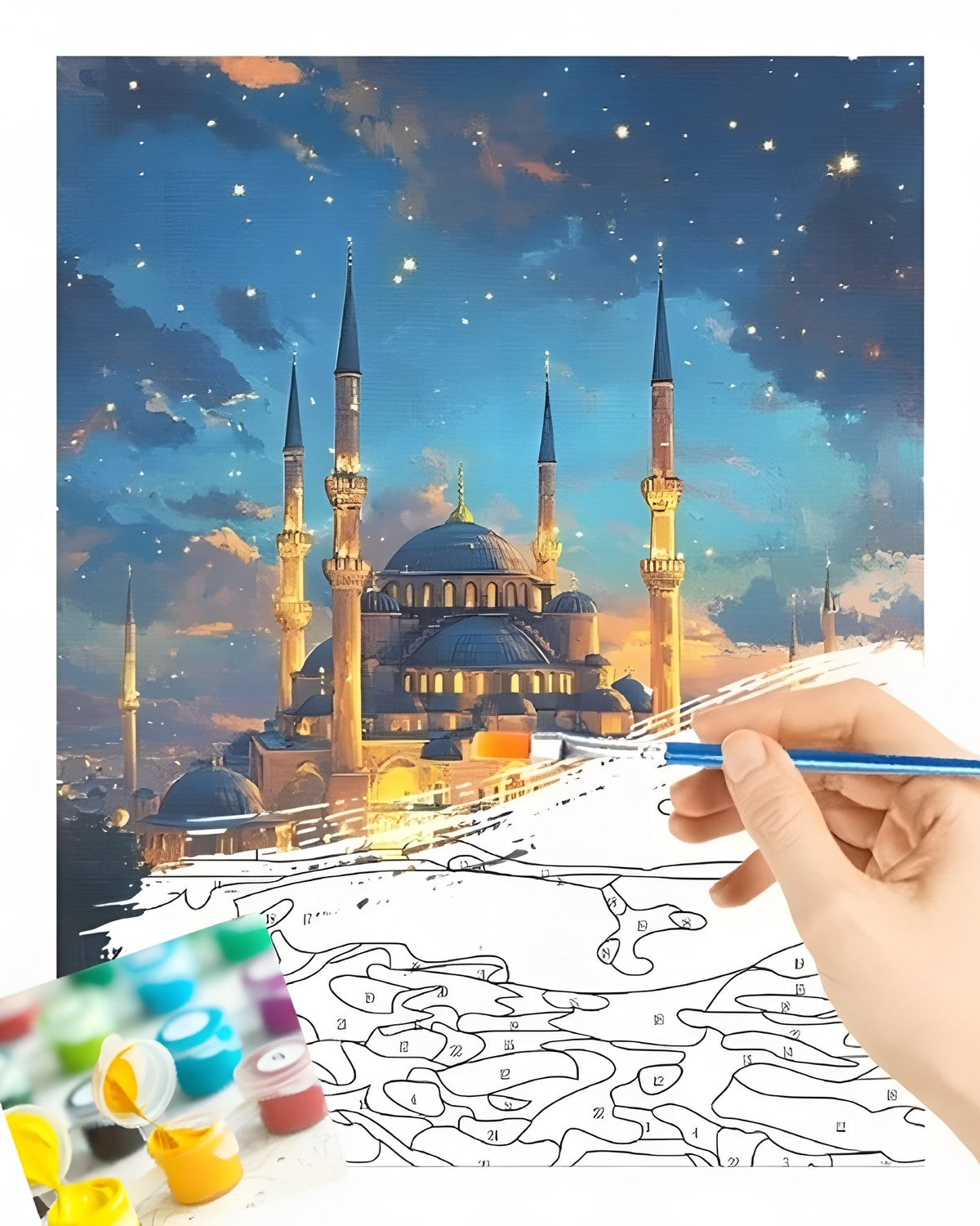 The Blue Mosque, Nightfall, framed paint-by-numbers canvas