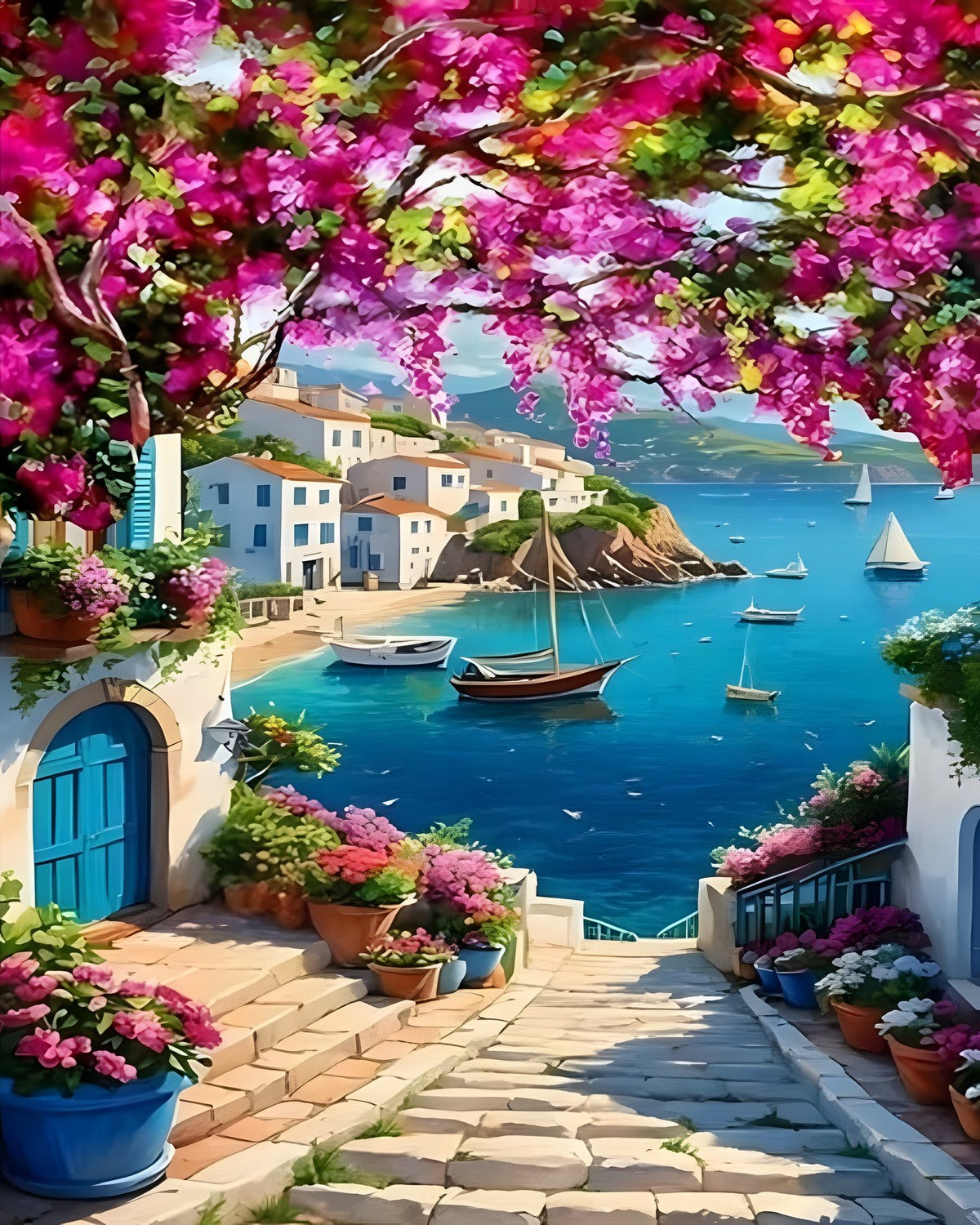 Bougainvillea Village, framed paint-by-numbers canvas