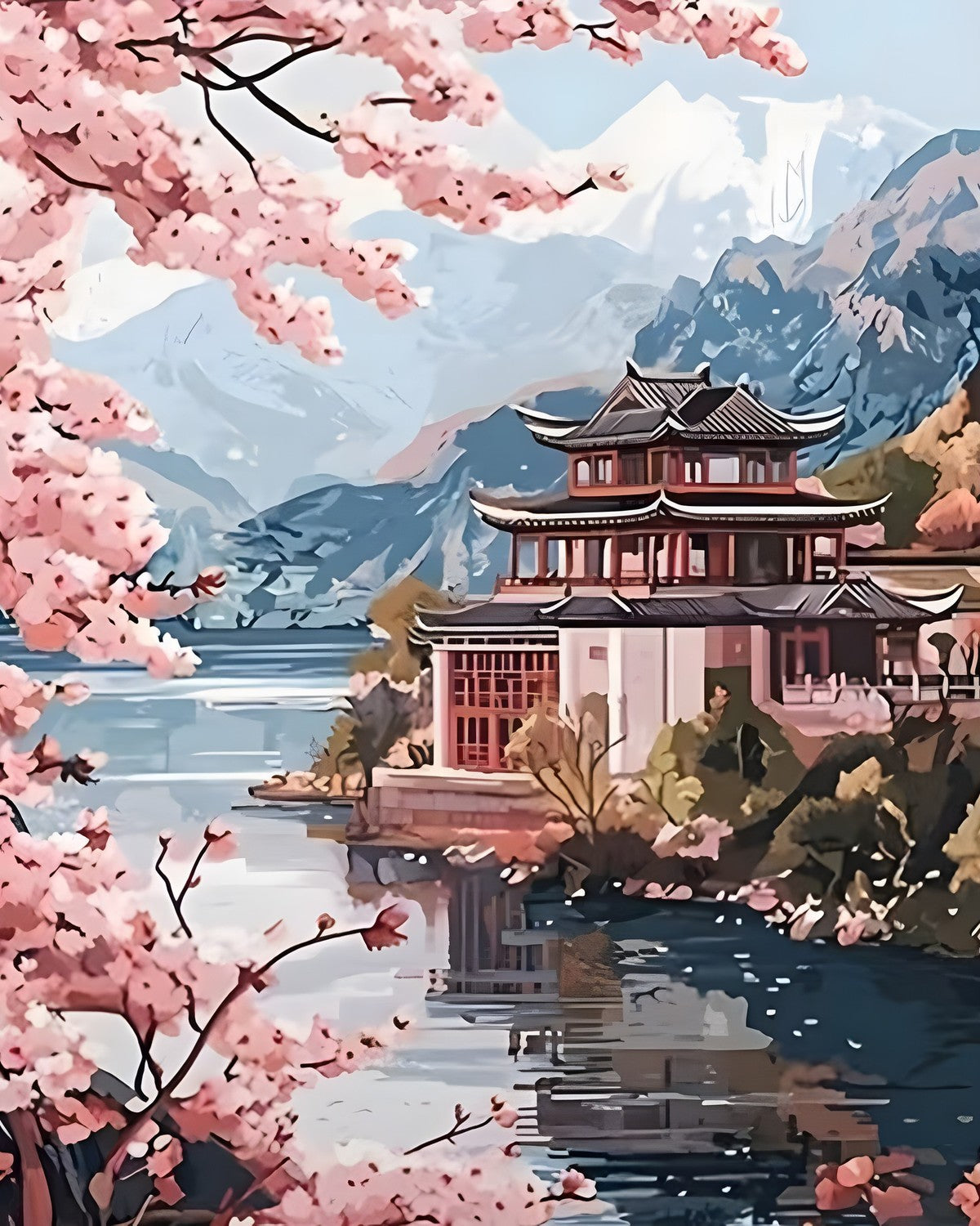 Pagoda in Blossom, framed paint-by-numbers canvas