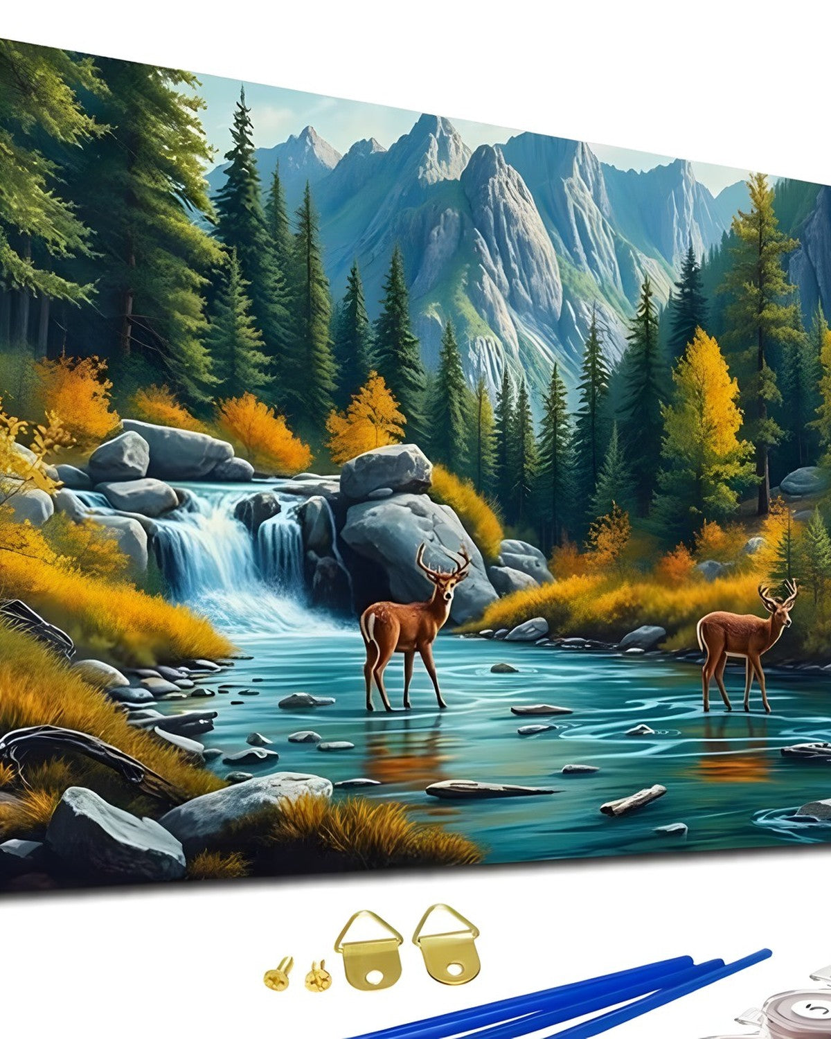 Deer at the Stream, framed paint-by-numbers canvas