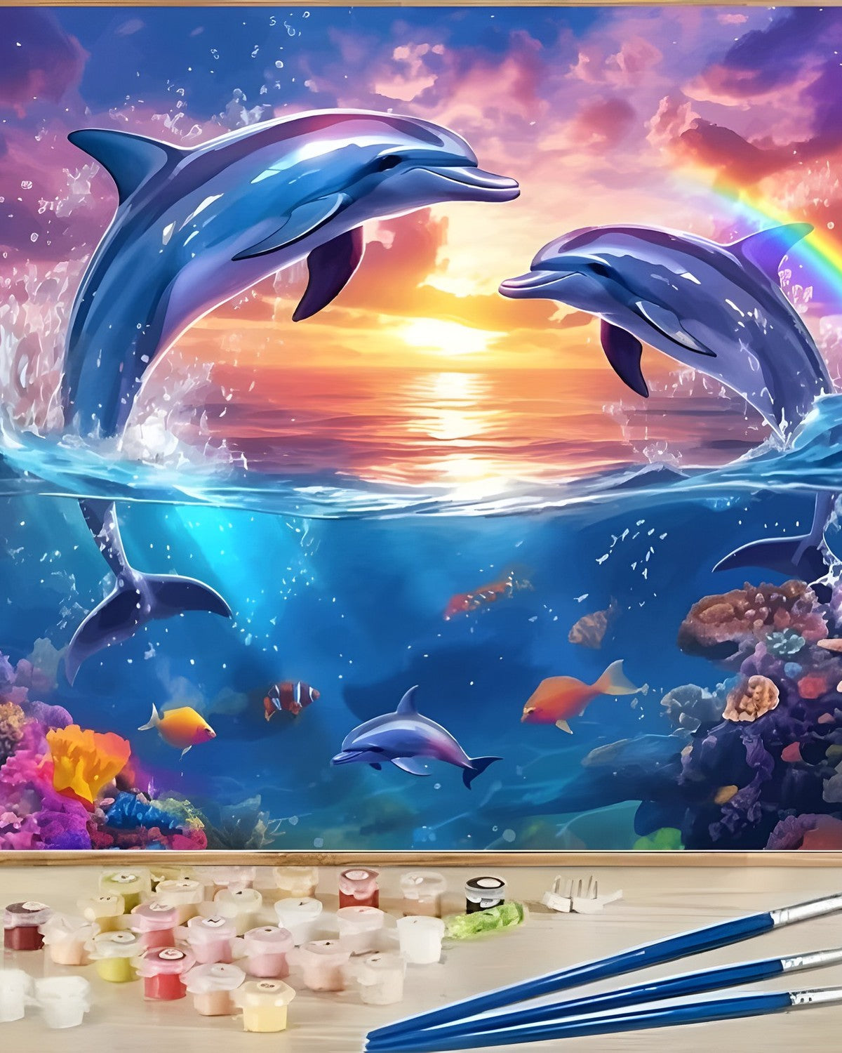 Dolphins at Dusk, framed paint-by-numbers canvas