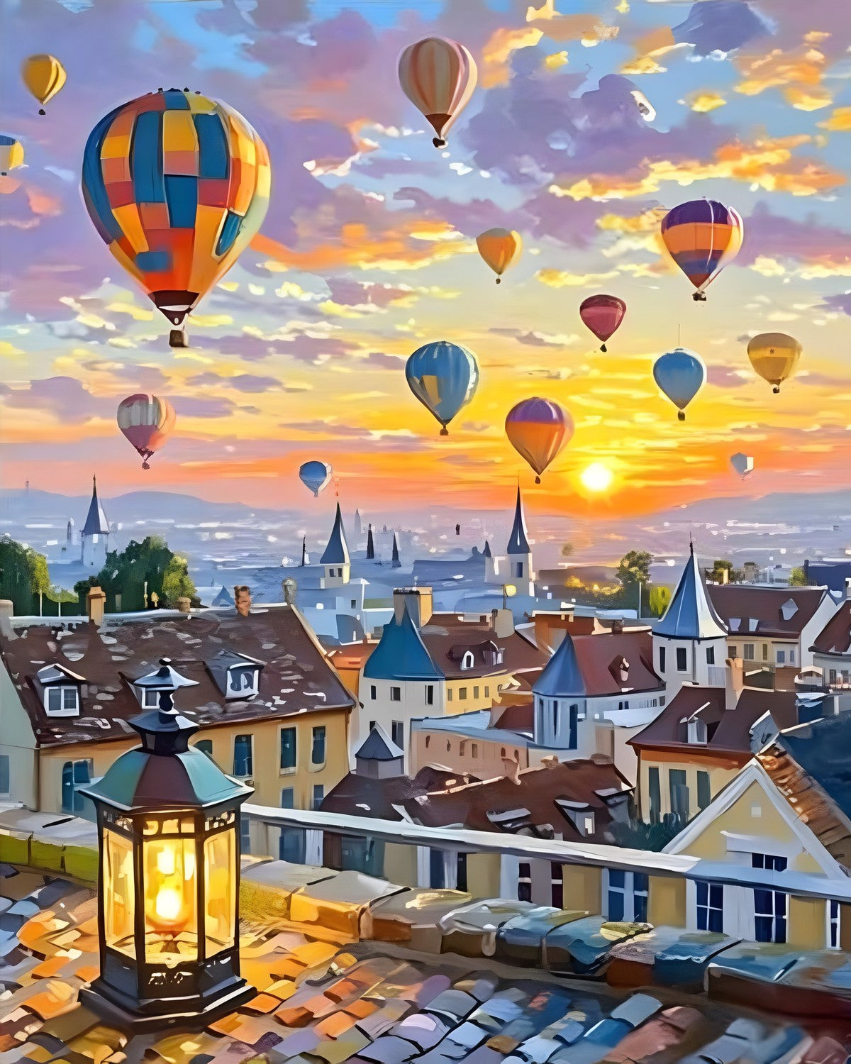 Balloons Over Town, framed paint-by-numbers canvas