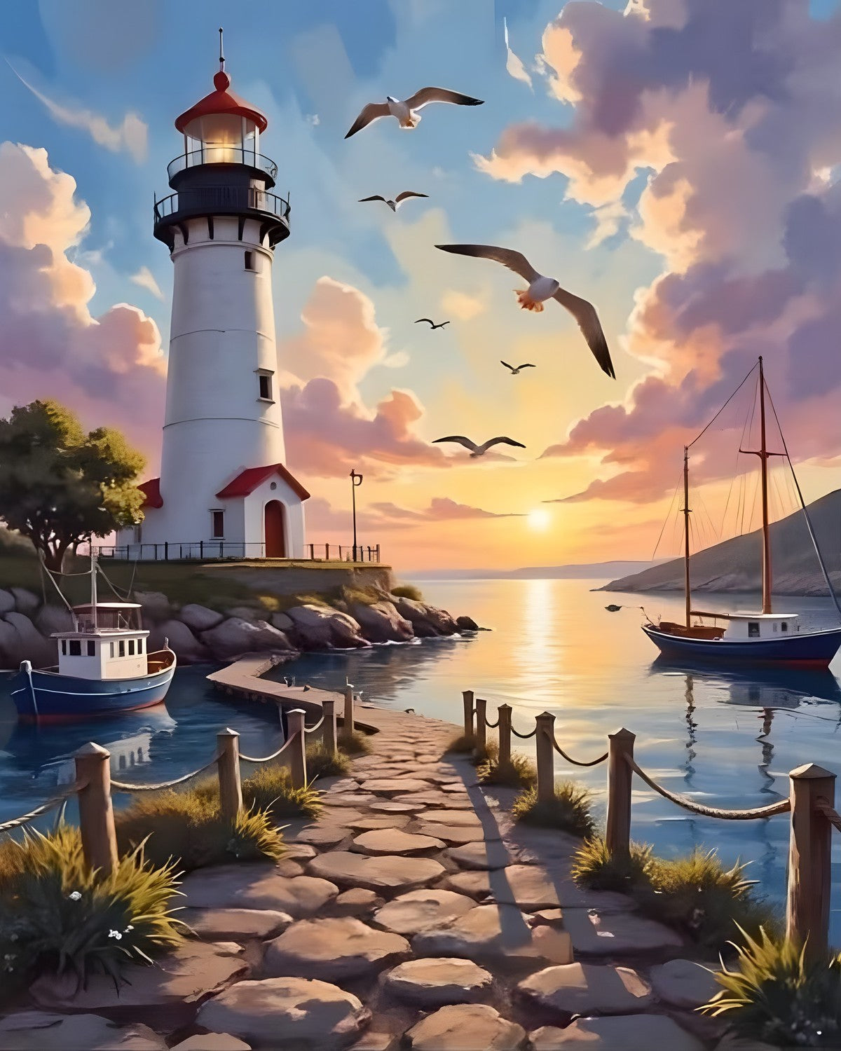 The Lighthouse Harbor, framed paint-by-numbers canvas