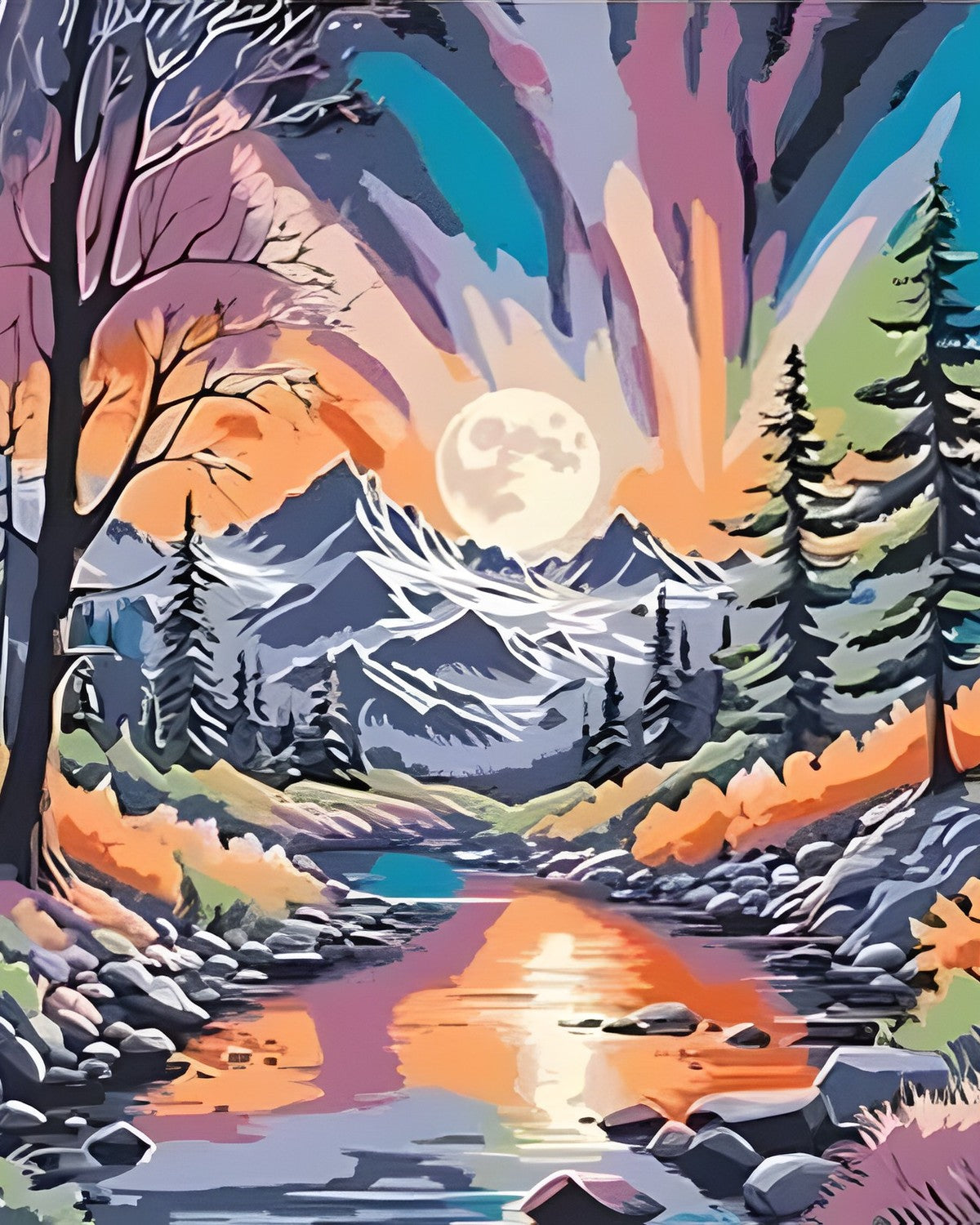 The Stream by Moonlight, framed paint-by-numbers canvas