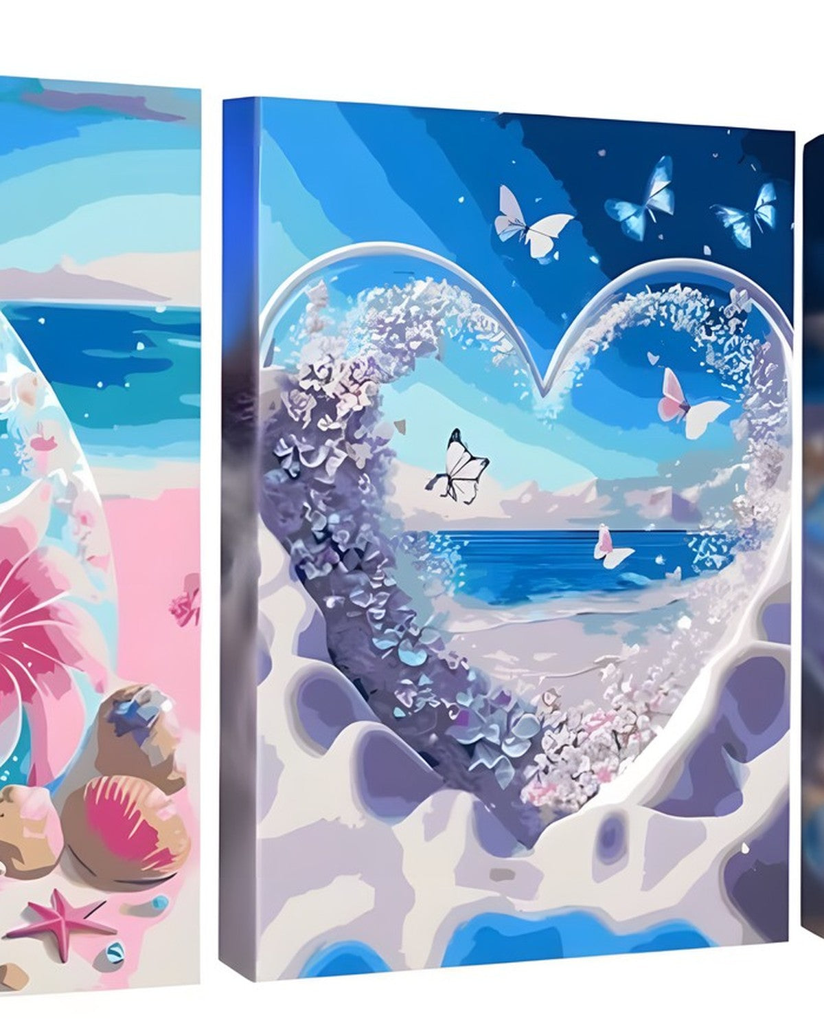 The Seashell Triptych, framed paint-by-numbers canvas