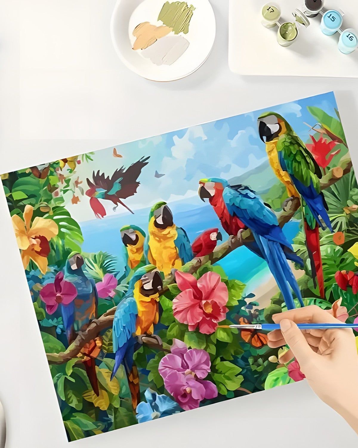 The Parrots, framed paint-by-numbers canvas