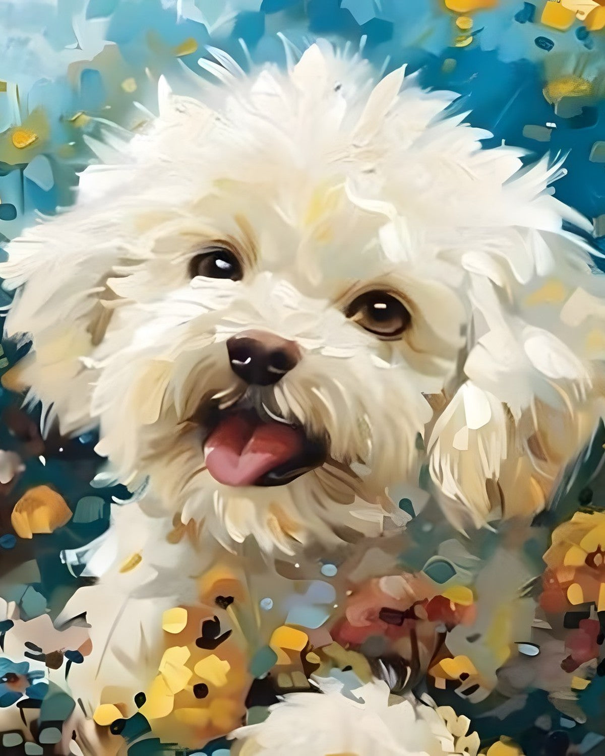 Puppy in Wildflowers, framed paint-by-numbers canvas