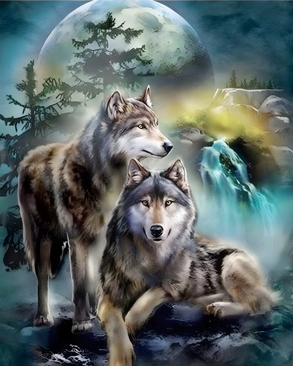 Wolves Under the Moon, framed paint-by-numbers canvas