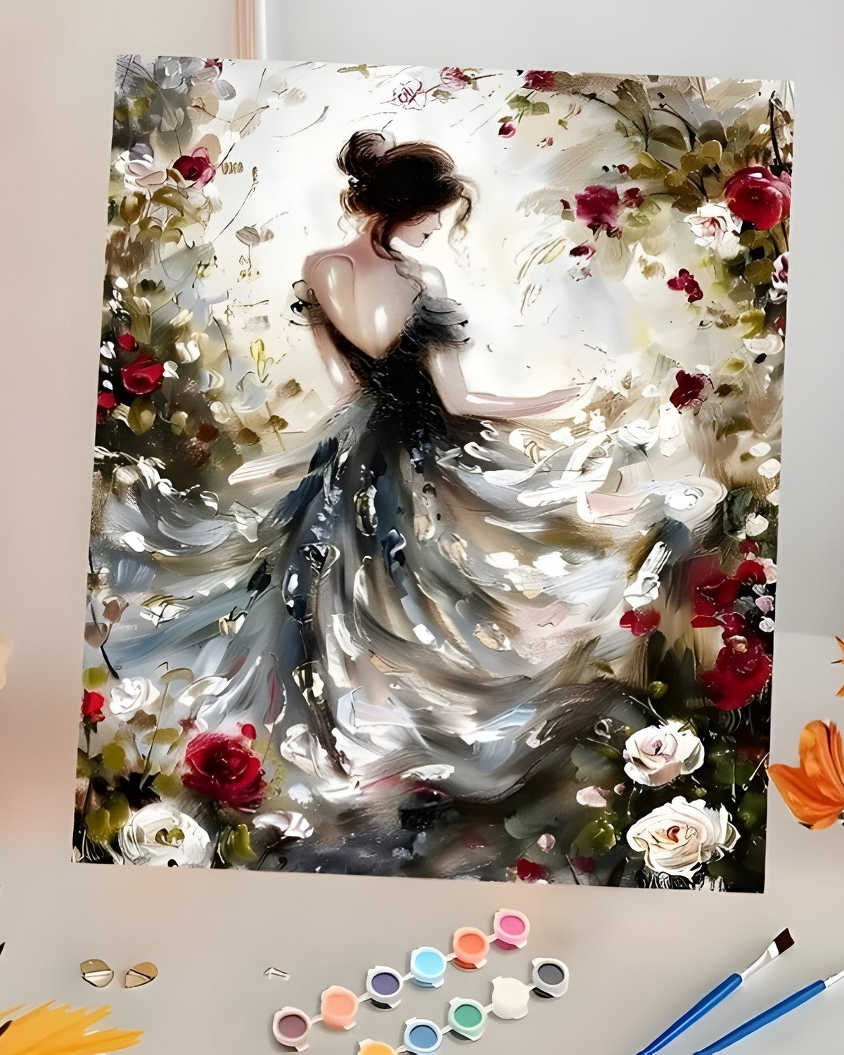 In the Rose Garden, framed paint-by-numbers canvas