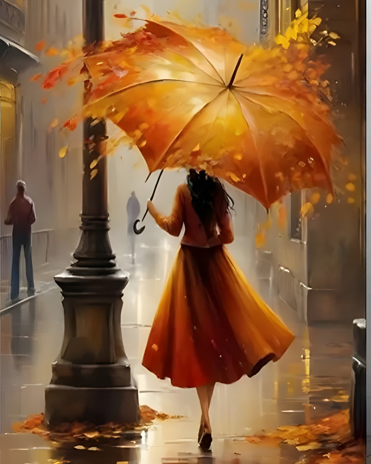 Umbrella in Autumn, framed paint-by-numbers canvas